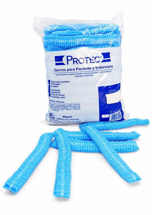 Gorro azul plisado Protec para paciente y enfermera, bolsa con 100 piezas, sobre fondo blanco