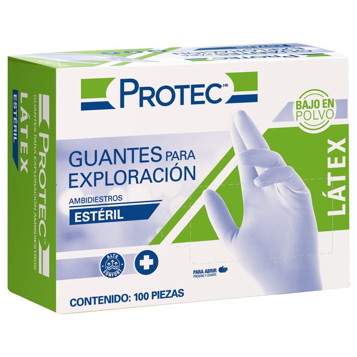 Caja PROTEC de guantes para exploración de látex ambidiestros, estériles y bajo en polvo, contenido 100 piezas, sobre fondo blanco