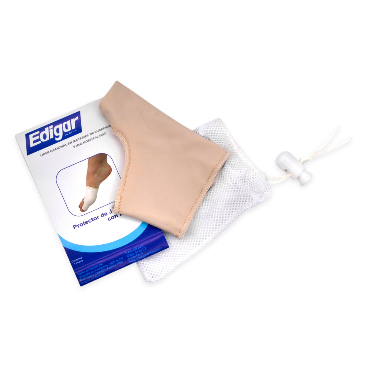 Protector de juanete de licra beige Edigar AA10044 completo, con bolsa textil y tarjeta original que declara contenido de una pieza.
