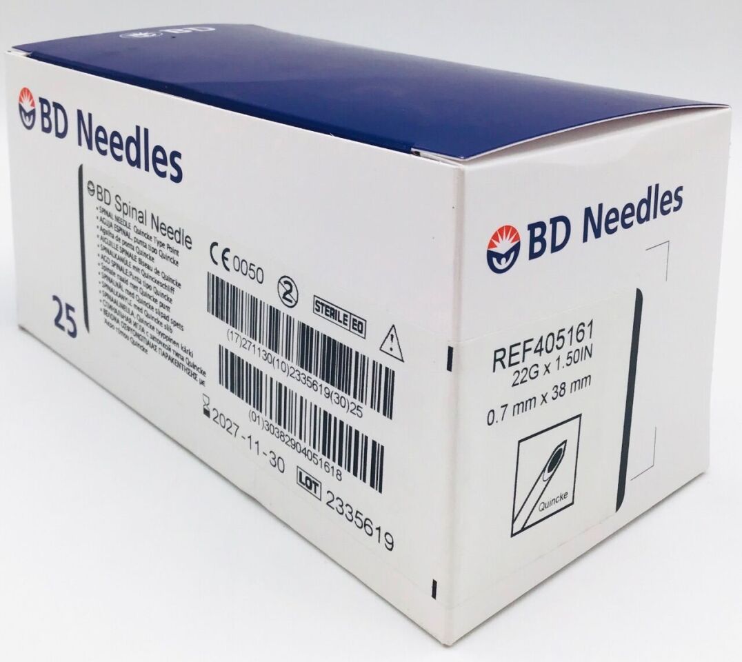 BD Quincke espinal pediátrica 22G x 38 mm, referencia 405161, caja con 25