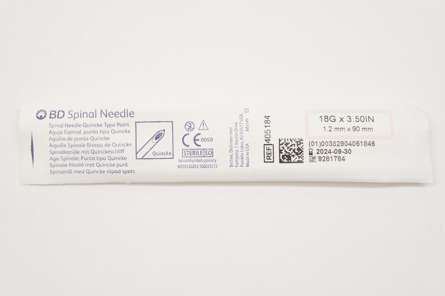 BD Quincke espinal 18G x 3.5 pulgadas, referencia 405184