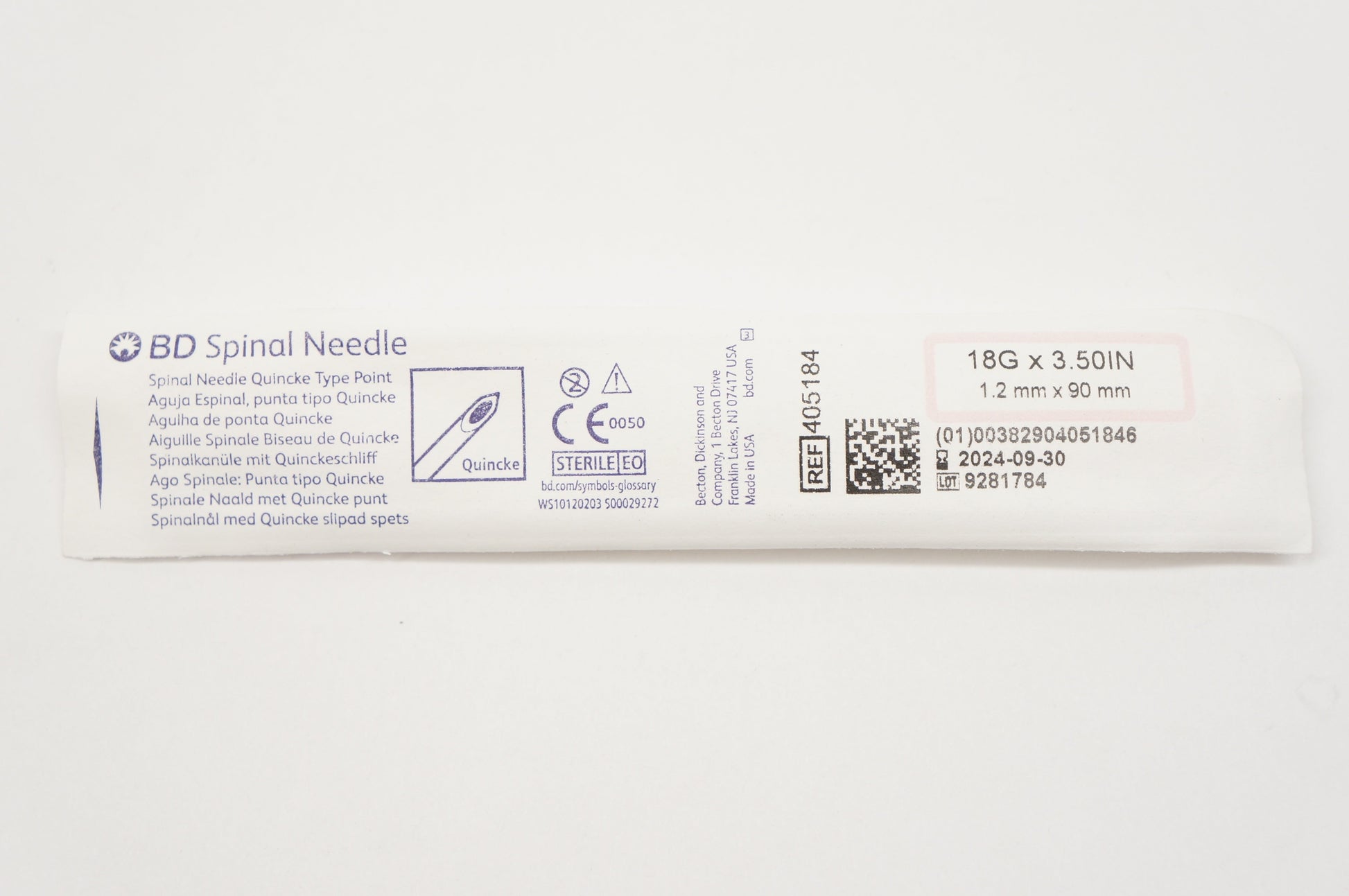 BD Quincke espinal 18G x 3.5 pulgadas, referencia 405184