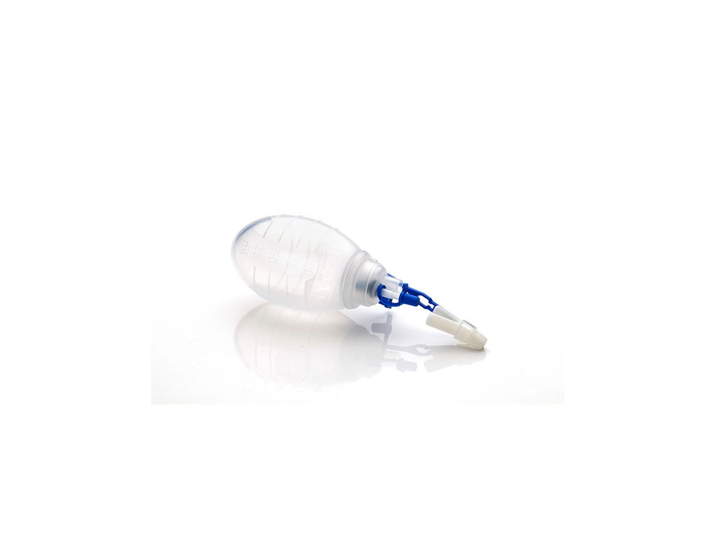 Reservorio de silicona Redax de 100 ml con válvula azul y conector, sobre fondo blanco