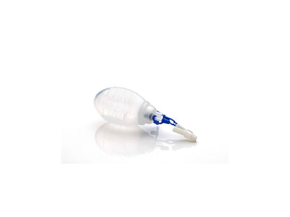 Reservorio de silicona Redax de 100 ml con válvula azul y conector, sobre fondo blanco
