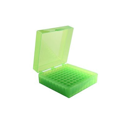 Caja para microtubos Heathrow Scientific HS120202, 100 posiciones, verde, fotografía oficial; tubos ilustrativos no incluidos