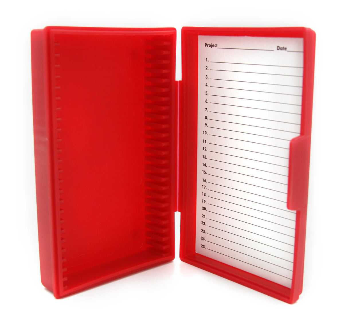 Caja Heathrow Scientific HS15990B rojo de 25 posiciones de polipropileno; portaobjetos no incluidos