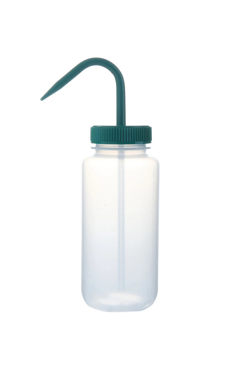 Frasco lavador Heathrow Scientific HS120248 de 500 mL con cierre verde, vista de una unidad sin líquido ni empaque