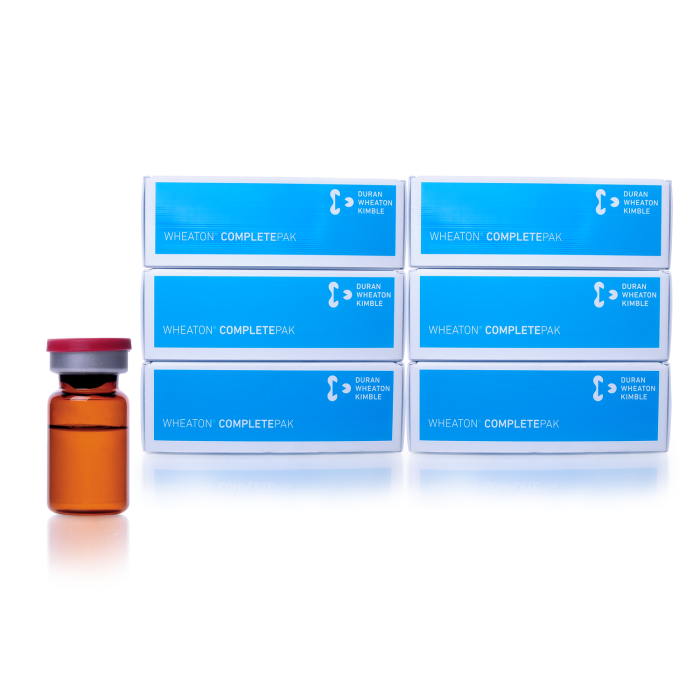 Kit WHEATON COMPLETEPAK de vial ámbar, tapón OmniFlex 3G Igloo Lyo y sello Flip rojo; montaje ilustrativo. Presentación y contenido por referencia: WHE-W991017A-CPMP.