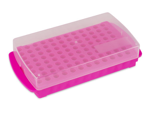 Gradilla reversible Heathrow Scientific HS2345E de 96 posiciones en color rosa, con tapa translúcida