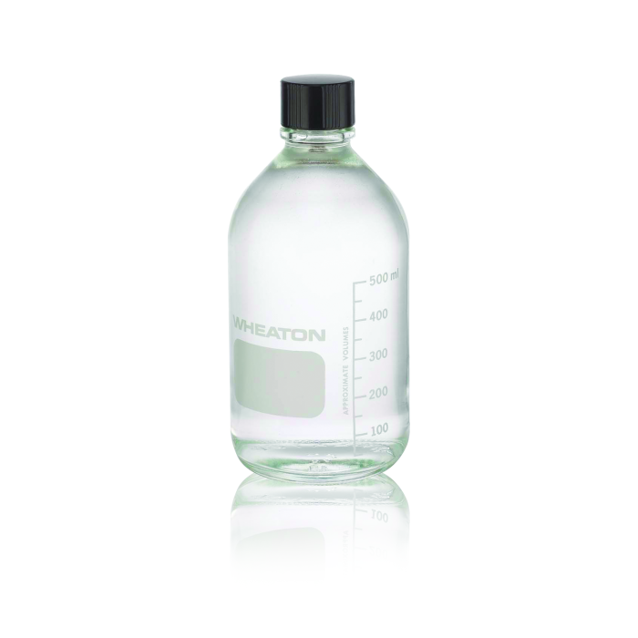 Frasco WHEATON Media/Lab 219719 de 500 mL, graduado, con tapa fenólica y sello de LDPE. Referencias WHE-219719