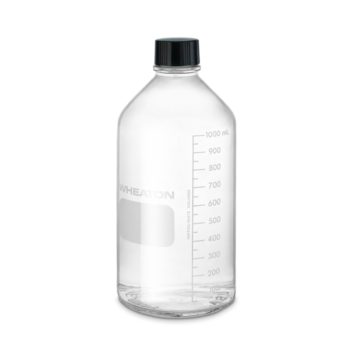 Frasco WHEATON Media/Lab 219760 de 1000 mL, graduado, con tapa fenólica y sello de caucho. Referencias WHE-219760