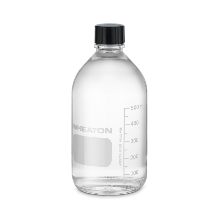 Frasco WHEATON Media/Lab 219759 de 500 mL, graduado, con tapa fenólica y sello de caucho. Referencias WHE-219759