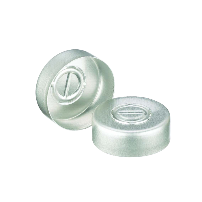 Sello WHEATON de aluminio con disco central desprendible, sin liner, color natural. Fotografía oficial ilustrativa de la serie. Medida de venta por referencia: WHE-224183-01. Caja con 1000 sellos.