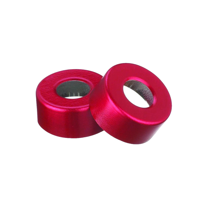 Sellos WHEATON de aluminio Open Top sin liner, color rojo. Fotografía oficial ilustrativa de la serie. Medida según referencia: WHE-224177-06. Venta por caja con 1000 sellos.
