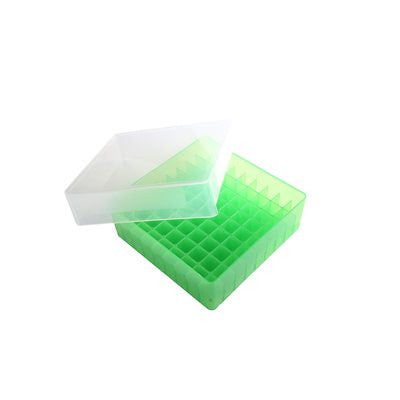 Caja para microtubos Heathrow Scientific HS120036, 81 posiciones, verde, fotografía oficial; tubos ilustrativos no incluidos