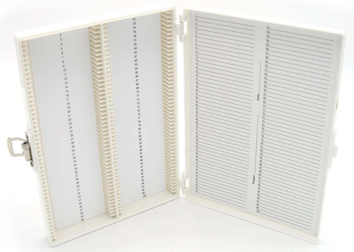 Caja Heathrow Scientific HS15994R blanco de 100 posiciones con revestimiento de espuma; portaobjetos no incluidos