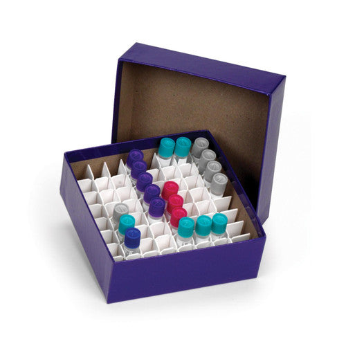 Caja de cartón Heathrow Scientific HS2860CB, azul, fotografía ilustrativa; divisores y viales mostrados no incluidos
