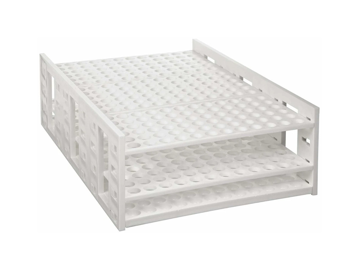 Gradilla Heathrow Scientific Mega Rack HS24322E, blanco, 216 posiciones y pozo de 13 mm; tubos y tapas ilustrativos no incluidos