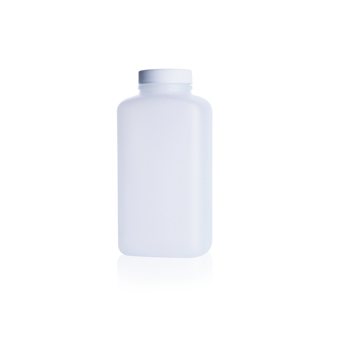 Frasco oblongo WHEATON de HDPE natural con tapa blanca de PP; fotografía oficial ilustrativa de la serie. Capacidad y caja según referencia: WHE-W218816.
