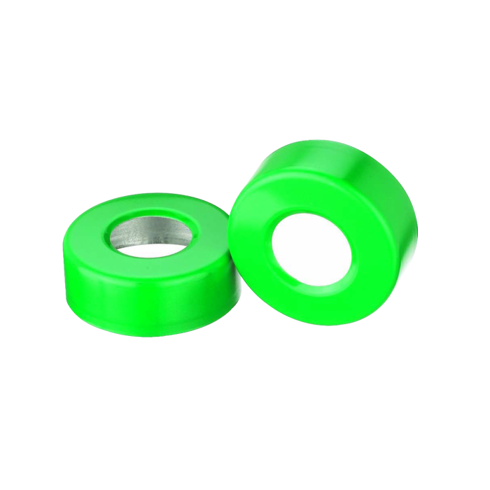 Sellos WHEATON de aluminio Open Top sin liner, color verde. Fotografía oficial ilustrativa de la serie. Medida según referencia: WHE-224178-07. Venta por caja con 1000 sellos.