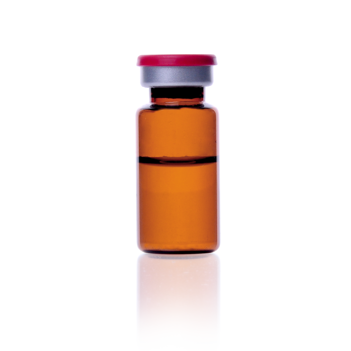 Kit WHEATON COMPLETEPAK de vial ámbar, tapón OmniFlex 3G Igloo Lyo y sello Flip rojo; montaje ilustrativo. Presentación y contenido por referencia: WHE-W991017-CPA.