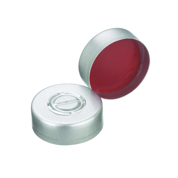 Sellos WHEATON de aluminio Center Disc (disco central desprendible) con liner de PTFE/caucho rojo, color natural. Fotografía oficial ilustrativa de la serie. Medida según referencia: WHE-224223-01. Venta por caja con 1000 sellos.