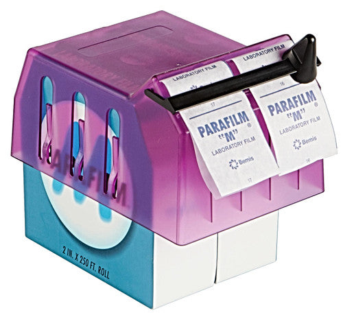 Dispensador para película de sellado Heathrow Scientific HS120668, morado, fotografía oficial; película mostrada como ejemplo de uso