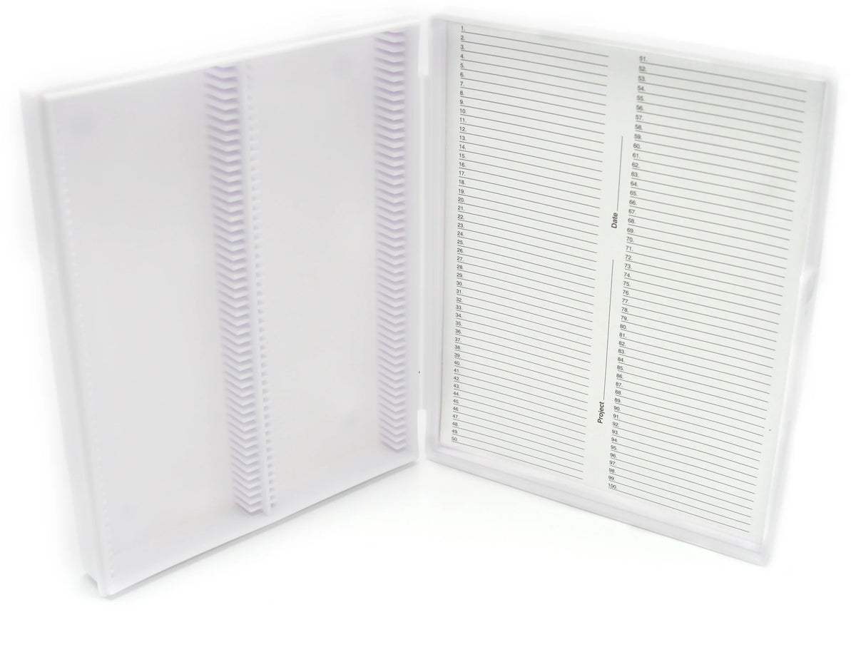 Caja Heathrow Scientific HS15991C blanco de 100 posiciones de polipropileno; portaobjetos no incluidos