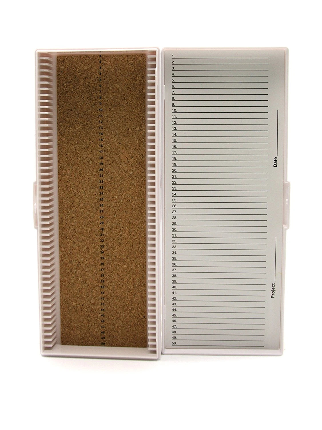 Caja Heathrow Scientific HS15996C blanco de 50 posiciones con revestimiento de corcho; portaobjetos no incluidos