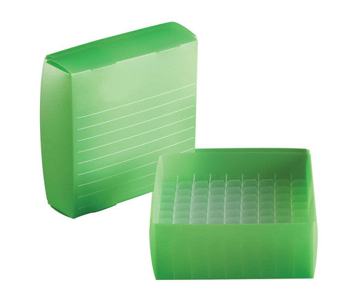 Caja Thin Film Heathrow Scientific HS120372, verde, vista de caja y tapa sin empaque; tubos ilustrativos no incluidos