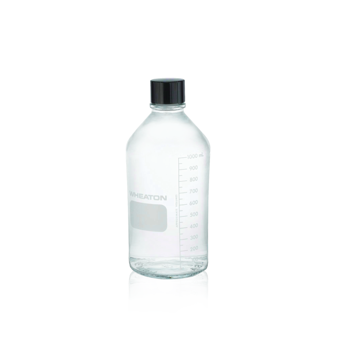 Frasco WHEATON Media/Lab 219820 de 1000 mL, graduado con tapa fenólica y sello de PTFE/caucho. Referencias WHE-219820