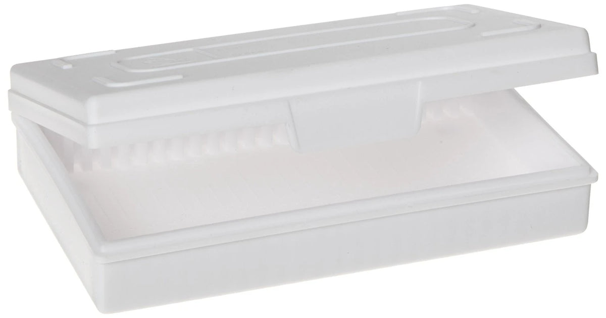 Caja Heathrow Scientific HS15990C blanco de 25 posiciones de polipropileno; portaobjetos no incluidos