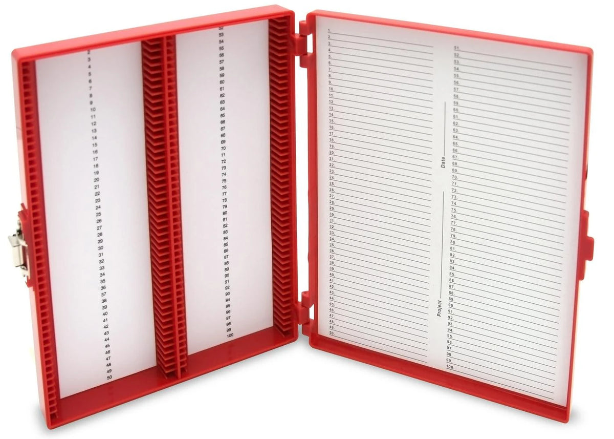Caja Heathrow Scientific HS15994P rojo de 100 posiciones con revestimiento de espuma; portaobjetos no incluidos