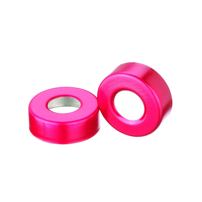 Sellos WHEATON de aluminio Open Top sin liner, color rojo. Fotografía oficial ilustrativa de la serie. Medida según referencia: WHE-224178-06. Venta por caja con 1000 sellos.
