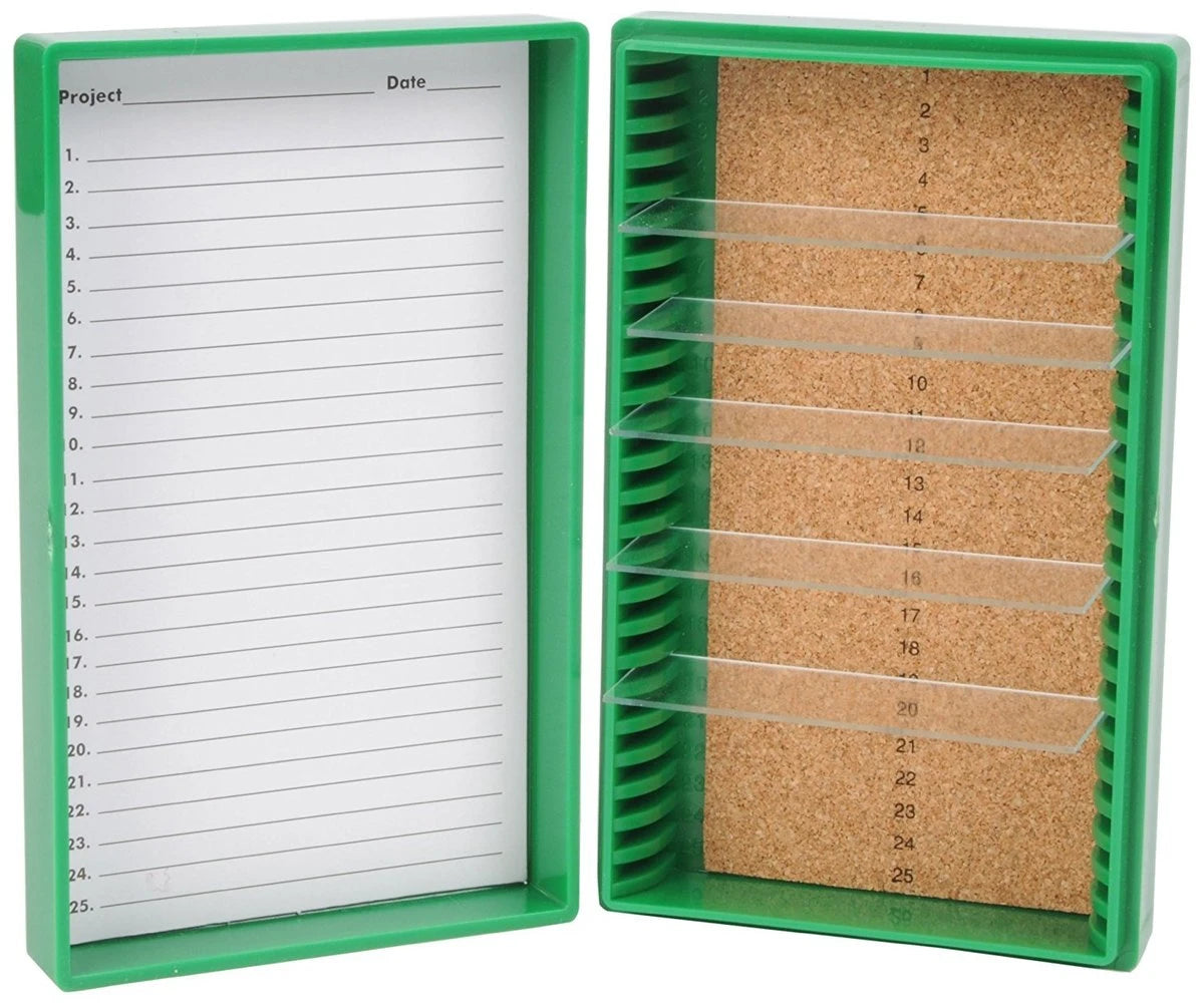 Caja Heathrow Scientific HS15989B verde de 25 posiciones con revestimiento de corcho; portaobjetos no incluidos