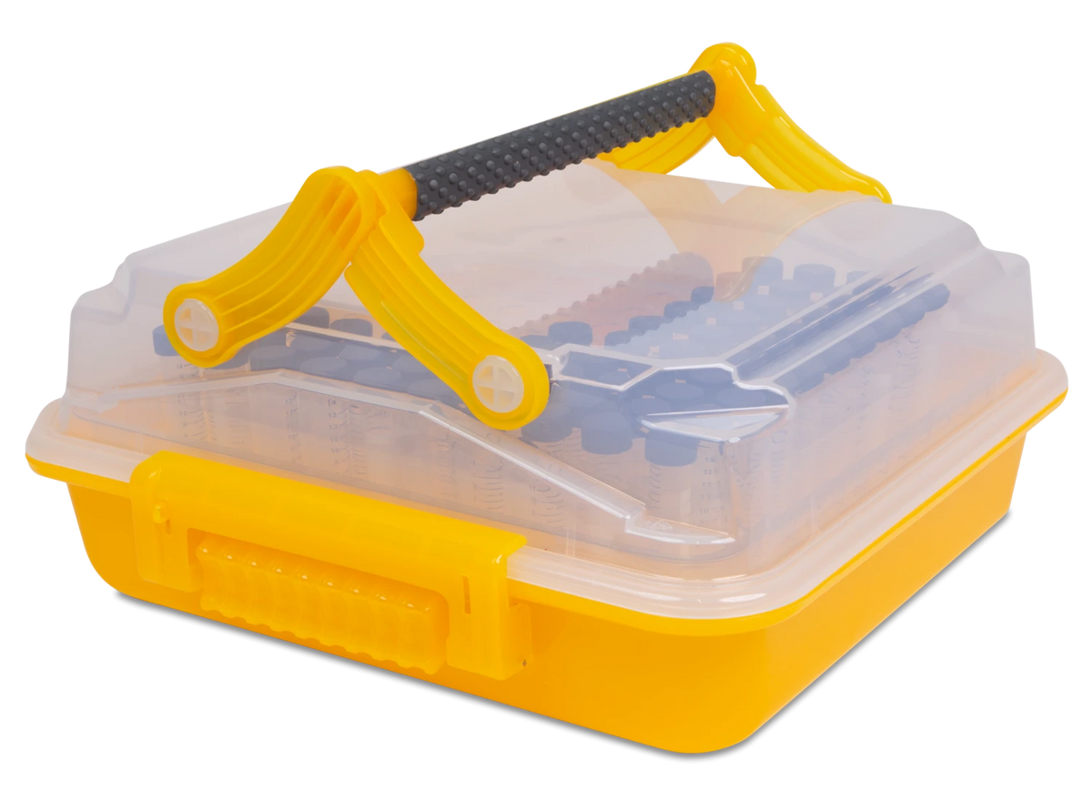 Contenedor Heathrow Scientific DuraPorter XL HS120928, amarillo, vista cerrada con tubos ilustrativos no incluidos