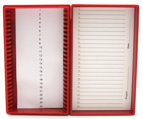 Caja Heathrow Scientific HS15989P rojo de 25 posiciones con revestimiento de espuma; portaobjetos no incluidos