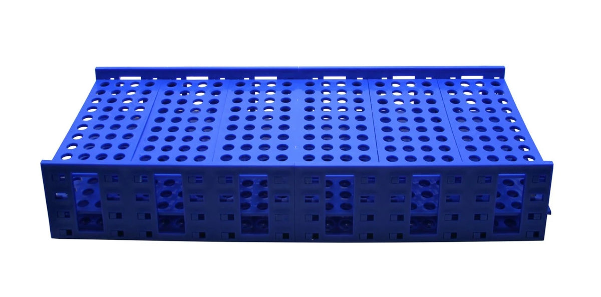 Gradilla Heathrow Scientific Mega Rack HS120115, azul, 240 posiciones y pozo de 16 mm; tubos y tapas ilustrativos no incluidos