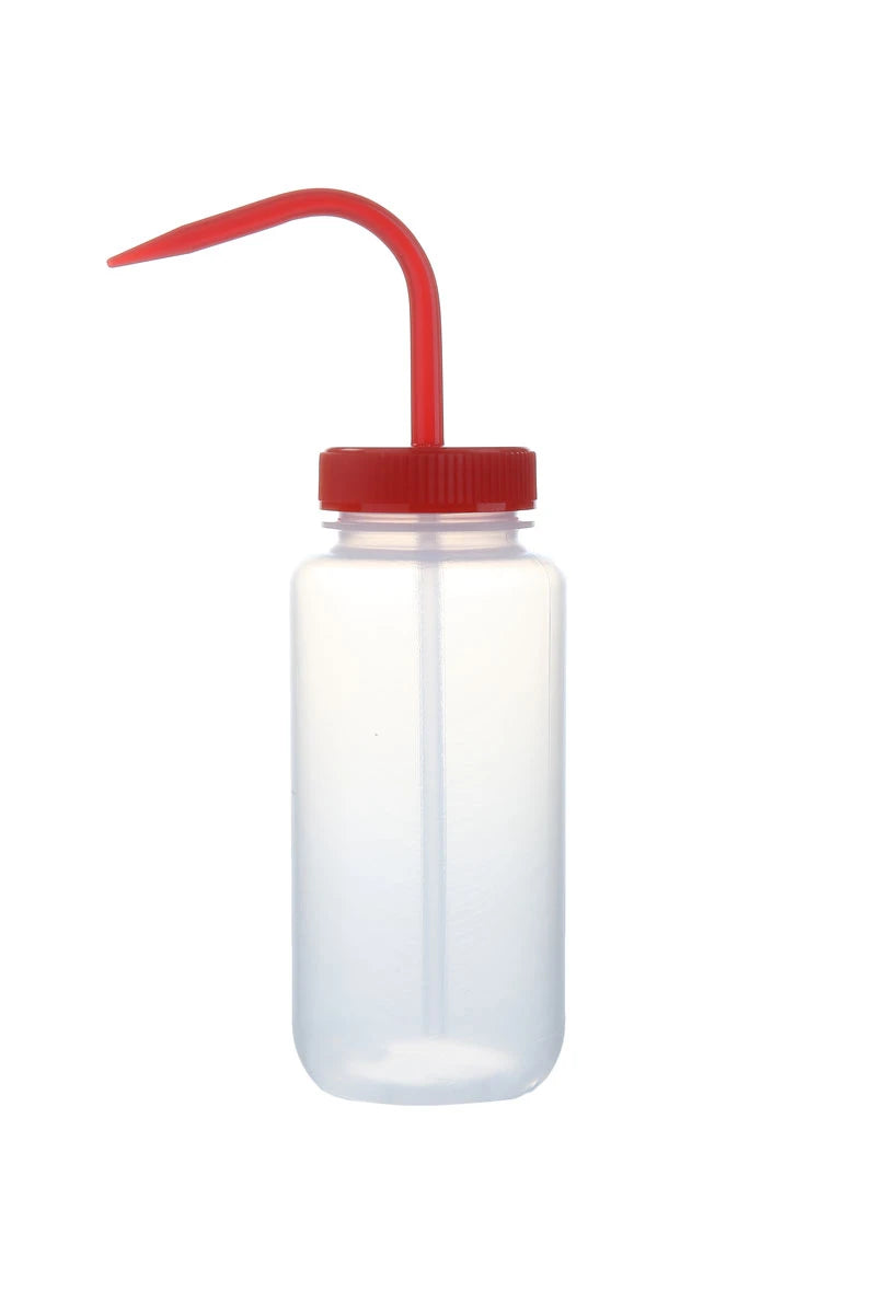 Frasco lavador Heathrow Scientific HS120246 de 500 mL con cierre rojo, vista de una unidad sin líquido ni empaque