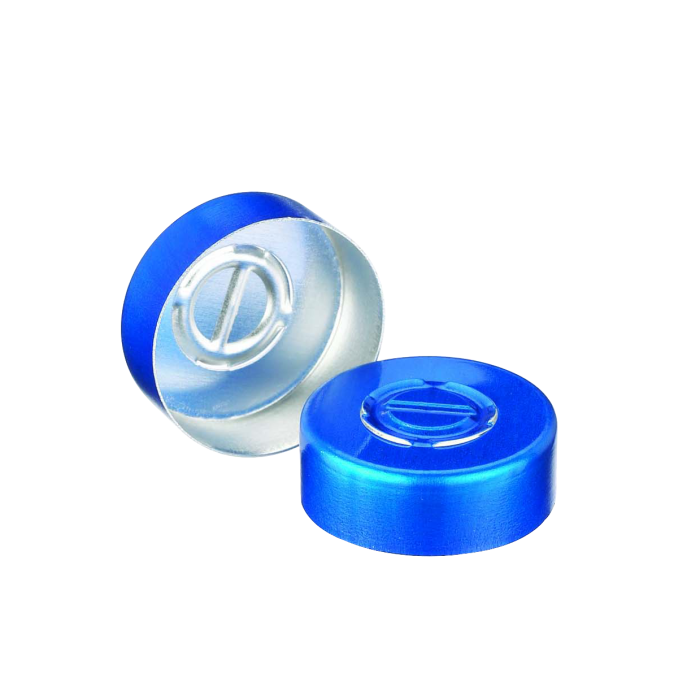 Sello WHEATON de aluminio con disco central desprendible, sin liner, color azul. Fotografía oficial ilustrativa de la serie. Medida de venta por referencia: WHE-224183-05. Caja con 1000 sellos.