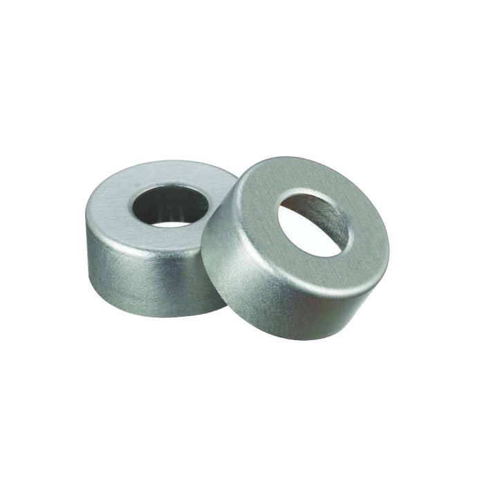Sellos WHEATON de aluminio Open Top sin liner, color natural. Fotografía oficial ilustrativa de la serie. Medida según referencia: WHE-224177-01. Venta por caja con 1000 sellos.