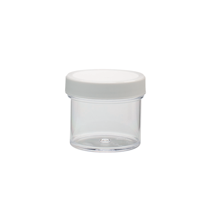 Frasco WHEATON de PS transparente con tapa y sello PE WHE-W209913, 60 mL; fotografía oficial ilustrativa, venta por caja de 48
