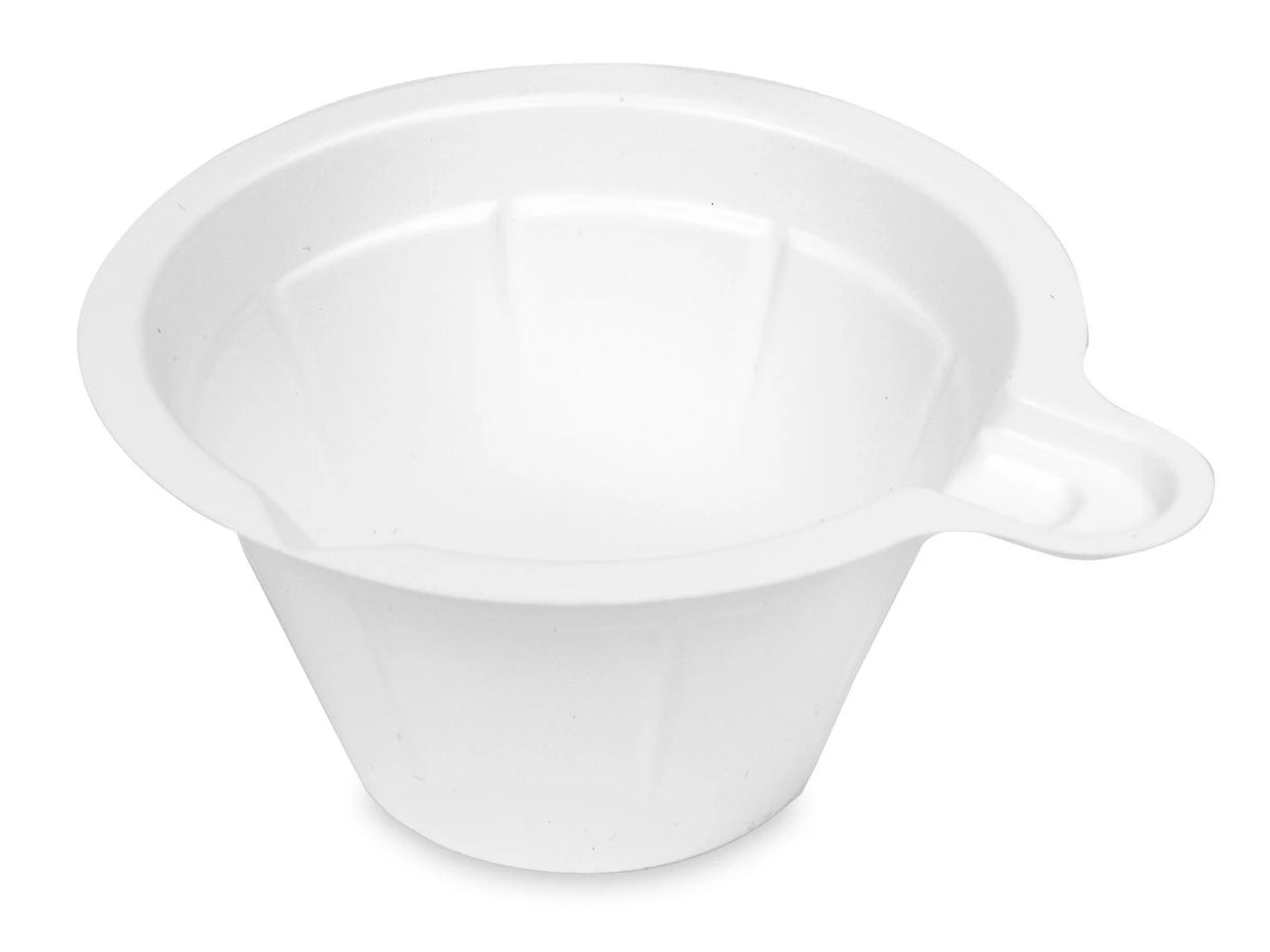 Charola de pesaje para líquidos Heathrow Scientific HS120891 de 100 mL, blanca, con asa y pico de vertido, vista sin empaque