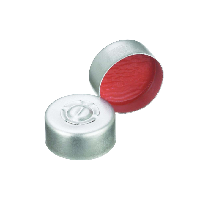 Sellos WHEATON de aluminio Center Disc (disco central desprendible) con liner de PTFE/caucho rojo, color natural. Fotografía oficial ilustrativa de la serie. Medida según referencia: WHE-224222-01. Venta por caja con 1000 sellos.