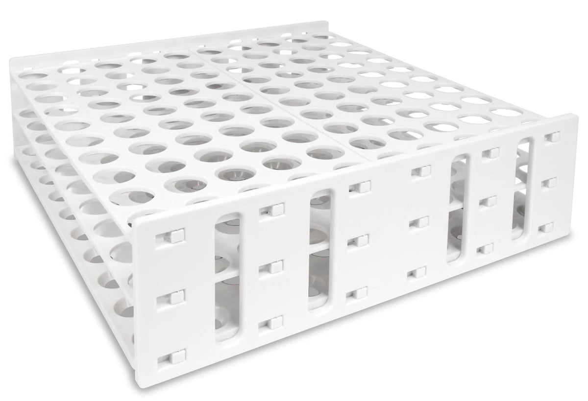 Gradilla Heathrow Scientific Mega Rack HS120959, blanco, 100 posiciones y pozo de 32 mm; tubos y tapas ilustrativos no incluidos
