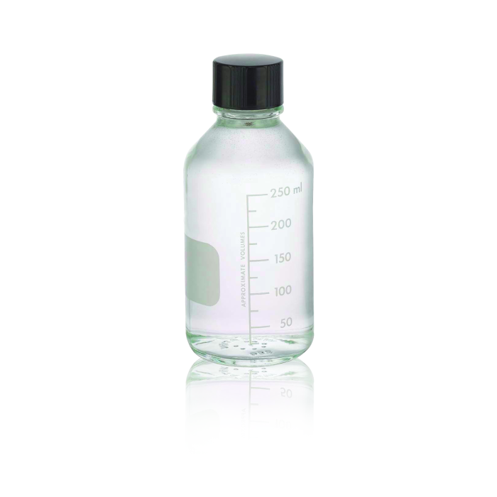 Frasco WHEATON Media/Lab 219817 de 250 mL, graduado con tapa fenólica y sello de PTFE/caucho. Referencias WHE-219817