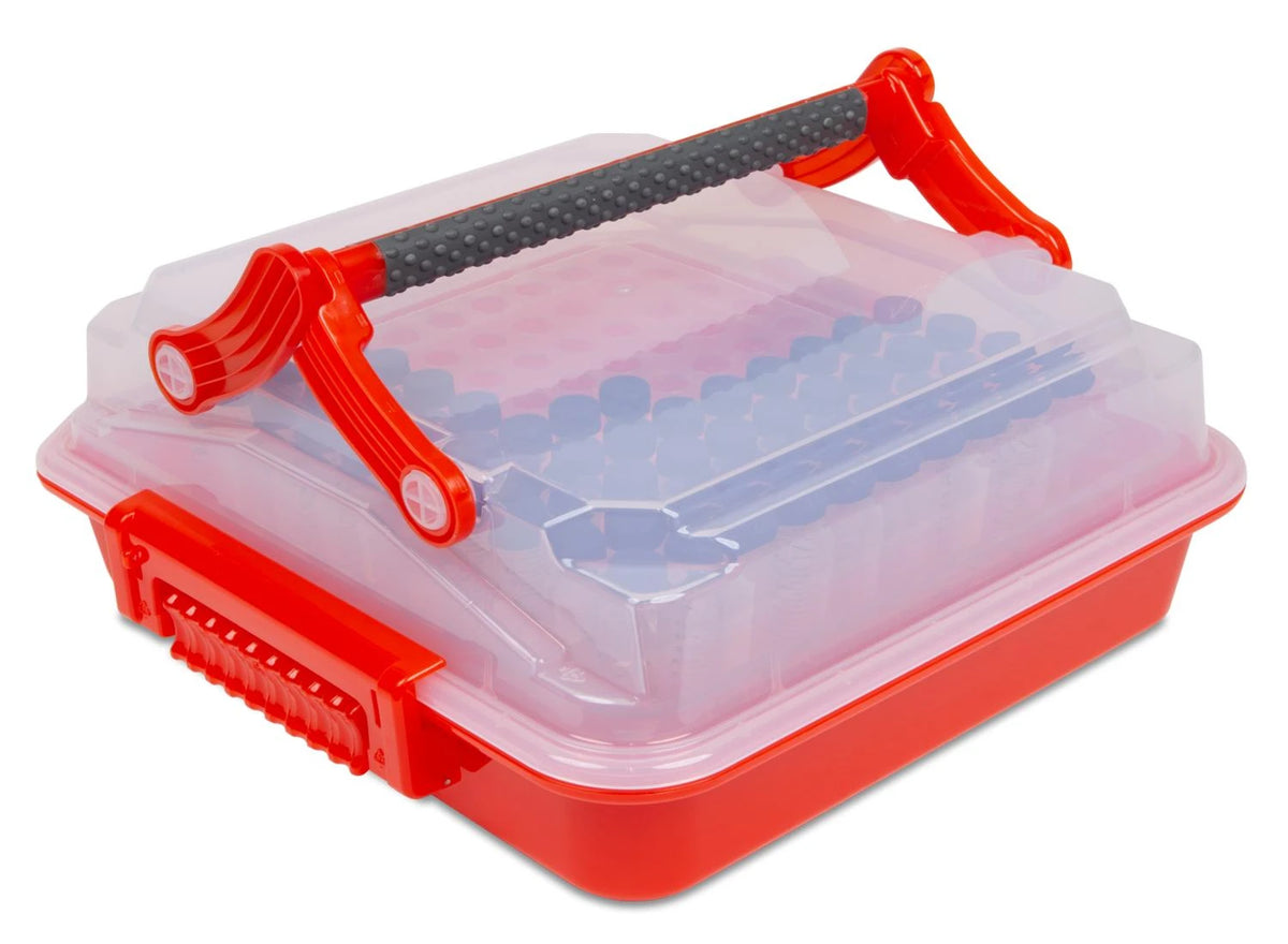 Contenedor Heathrow Scientific DuraPorter XL HS120927, rojo, vista cerrada con tubos ilustrativos no incluidos