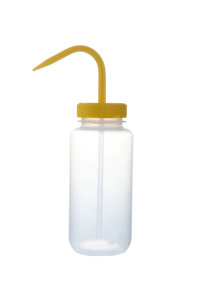 Frasco lavador Heathrow Scientific HS120247 de 500 mL con cierre amarillo, vista de una unidad sin líquido ni empaque