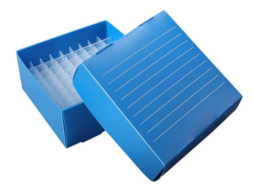 Caja Thin Film Heathrow Scientific HS120371, azul, vista de caja y tapa sin empaque; tubos ilustrativos no incluidos