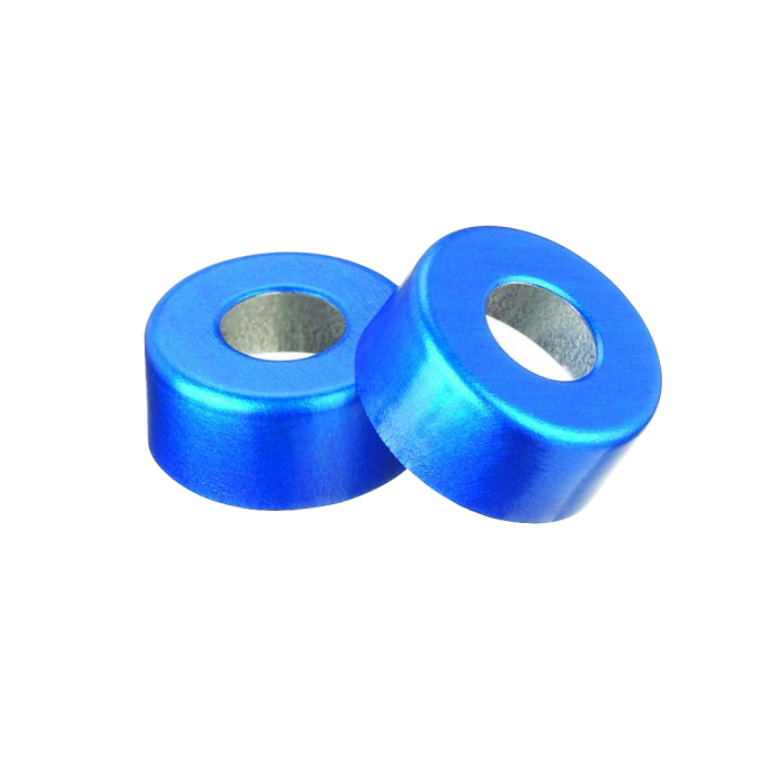 Sellos WHEATON de aluminio Open Top sin liner, color azul. Fotografía oficial ilustrativa de la serie. Medida según referencia: WHE-224177-05. Venta por caja con 1000 sellos.